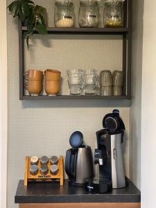 a kitchen counter with a coffee maker and cups on a shelf at In Daaldersk Plakje in Deinum +12 photos
