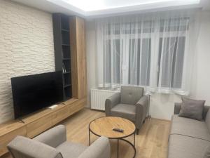 ein Wohnzimmer mit Fernseher, Sofa und Sesseln in der Unterkunft Apartman Dasha in Brzeće