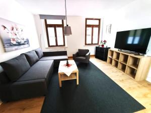 a living room with a black couch and a flat screen tv at Zentral und ruhig in Auerbach in Auerbach