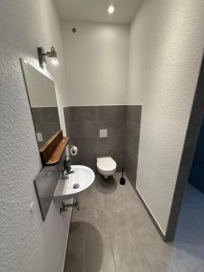 a bathroom with a white sink and a toilet at Ferienwohnung Funke D8 für Monteure in Apolda