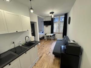 a kitchen with a sink and a table in a room at Dream Apartaments Katowice in Katowice