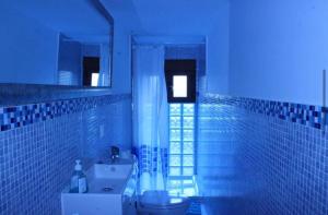 un bagno blu con un water e un lavandino di Casa Los Lagares a Peral de Arlanza Altre 34 foto