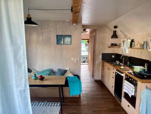 a kitchen with a table in the middle of a room at Hausboot Ferdinand Magellahn in Lahnstein