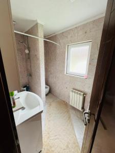 a bathroom with a sink and a toilet and a window at Lukare Apartman 1 in Novi Pazar
