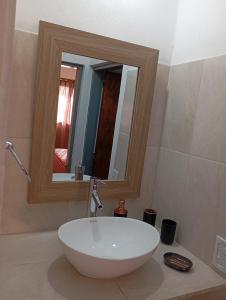 ein Badezimmer mit einem weißen Waschbecken und einem Spiegel in der Unterkunft Los Espinillos in Villa Yacanto