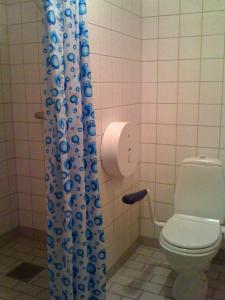 a bathroom with a toilet and a shower curtain at Hajstorp Slusscafé & Vandrarhem in Töreboda