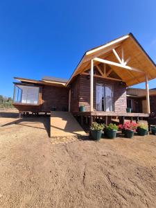 Una casa con toldo y plantas en macetas delante de ella. en Cabañas don David, en Algarrobo
