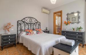 ein Schlafzimmer mit einem großen Bett mit zwei Kommoden und einem Spiegel in der Unterkunft Villa La Ranita in Chiclana de la Frontera