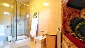ein Badezimmer mit Dusche, Toilette und Waschbecken in der Unterkunft Comfortable house in Lindoso, stunning mountain view in Pedras de Moledo + 23 Fotos