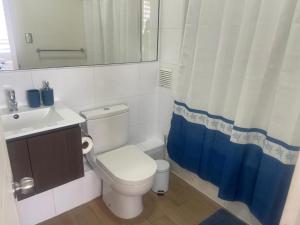 a bathroom with a toilet and a sink and a mirror at Asturias La Serena in La Serena