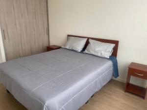 a bedroom with a large bed with two pillows at Asturias La Serena in La Serena