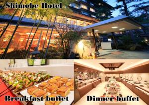 a collage of three pictures of a restaurant with food at Shimobe Hotel in Minobu
