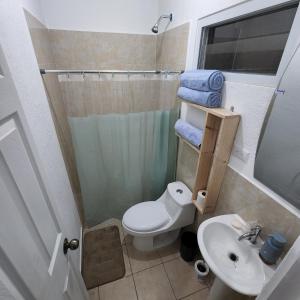 un piccolo bagno con un water e un lavandino di Santa Ana Maquilishuat a Santa Ana