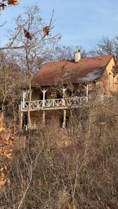 a house sitting on top of a hill at Red Stone Apartman Kővágóörs Pálköve 200m a Balaton parttól kilátással in Kővágóörs