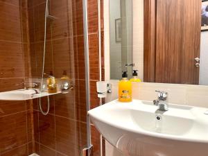 un bagno con lavandino e doccia con specchio di Slope nest Bansko a Bansko Altre 46 foto