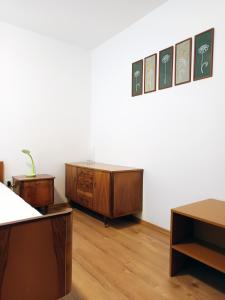 a room with two wooden cabinets and a white wall at Apartma Vodrice in Slap ob Idrijci