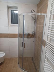 a shower with a glass door in a bathroom at U Poličky in Banská Bystrica +8 photos