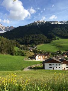 a village in a green field with mountains in the background at Fallerhof in Villnoss