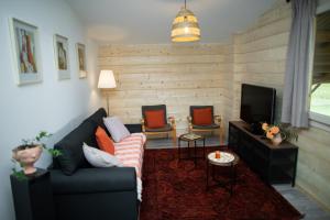a living room with a couch and two chairs and a tv at Equi-Lodge in Parleboscq