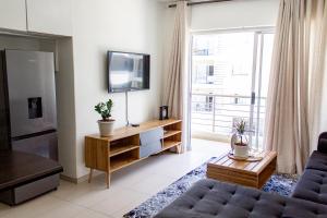 a living room with a couch and a tv at Serenity Escape Windhoek in Windhoek