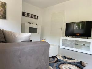 a living room with a couch and a flat screen tv at Ferienhaus Mayer Dahn Wohnung Neven in Dahn