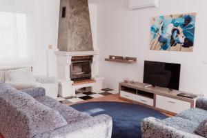 ein Wohnzimmer mit zwei Sofas und einem Fernseher in der Unterkunft Elbe Holiday in Donja Stubica