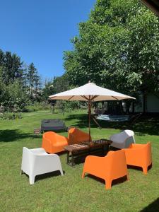 a group of chairs and an umbrella in the grass at Apartament Agro&Art in Płocin