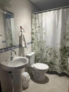 a bathroom with a sink and a toilet and a shower curtain at Suites com vista para o mar in Ilhabela