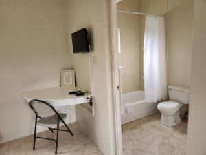 a bathroom with a white sink and a toilet at Swabys Hope Hideaway in Mandeville +43 photos