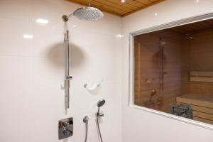 un baño con ducha y espejo en Villa Välke - Relax In Style, en Pyhätunturi 33 fotos más