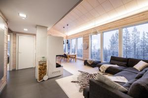 Una sala de estar con un sofá y una chimenea. en Villa Välke - Relax In Style, en Pyhätunturi
