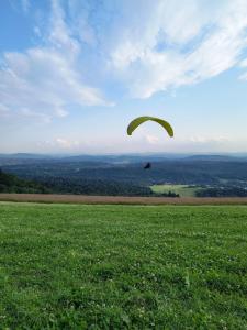 een vlieger in de lucht boven een veld bij APARTAMENT z aneksem kuchennym BARBARKI in Solina +15 foto's