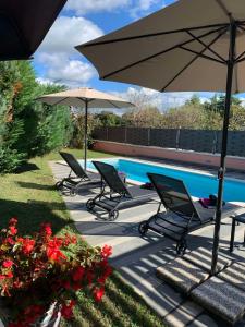 een groep stoelen en parasols naast een zwembad bij Holiday Home Natasha in Svetvinčenat