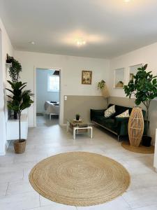 LeiningenにあるFerienwohnung im Hunsrück Neubauのリビングルーム(緑のソファ、ラグ付) +2枚の写真