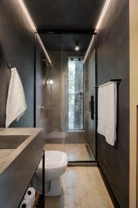 a bathroom with a toilet and a glass shower at Arau Cabana Cheiro de Mato in Flores da Cunha +24 photos