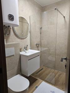 a bathroom with a toilet and a sink and a shower at Apartmani Corner in Jahorina