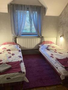 two beds in a room with a window at Mathias Lovasudvar in Kemence +30 photos