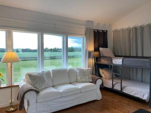 a living room with a white couch and a bed at Swedish countryside jacuzzi and pool! in Uppsala