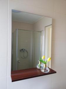 a mirror in a bathroom with flowers on a shelf at Zöld Terasz Vendégház in Egerszalók +57 photos