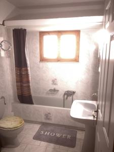 a bathroom with a shower and a toilet and a sink at Helmos Mountain View in Kértezi