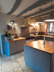 a kitchen with blue cabinets and a wooden counter top at La Maison du petit lac in Messé
