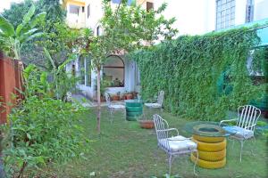 einen Garten mit Stühlen, einem Tisch und Bäumen in der Unterkunft Hotel Tree of heaven in Udaipur