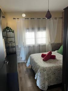a bedroom with a bed with two red pillows on it at Apartamento Meliyeri1 1ª línea de playa in El Cotillo