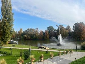 a fountain in a park next to a lake at Csuka48 Apartman in Szarvas