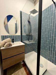 ein Badezimmer mit Dusche und Waschbecken in der Unterkunft Le Bleuet de Rouen in Rouen
