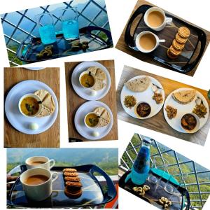 a collage of pictures of plates of food and coffee at Tea Nest Retreat in Kurseong +11 photos