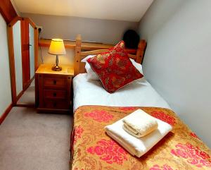 多尔盖罗Cader Mountain View Cottage with Hot Tub in Snowdonia的一间卧室，床上有两条毛巾 更多19张照片