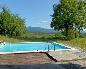 a swimming pool with a wooden deck next to a tree at Green Hilltop in Krušljevo Selo