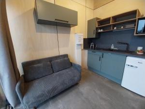 a living room with a couch in a kitchen at Chalet le Dôme in Mazaye