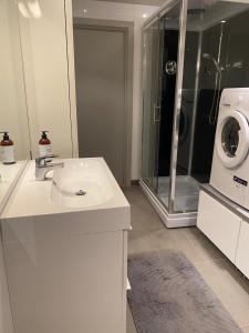 トロムソにあるModerne villa ved havet 3 soverom og 2 badのバスルーム(シンク、洗濯機付)